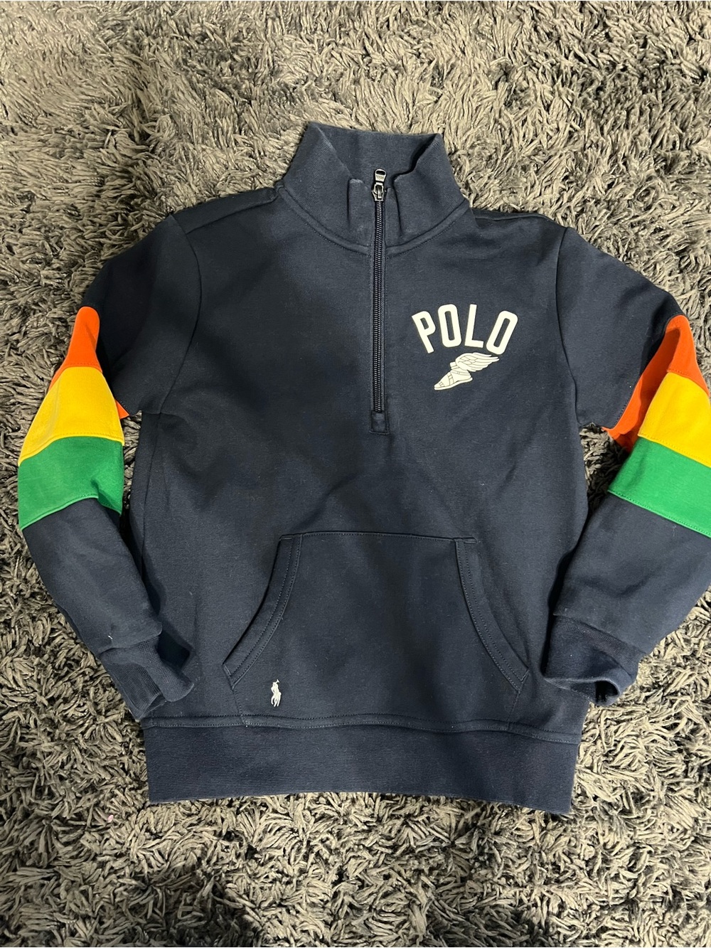 Polo Half-Zip Boys  Sweatshirt — Navy with Orange, Yellow & Green Stripes